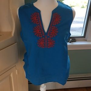 J. Crew blue sleeveless v-neck embroidered shirt 8